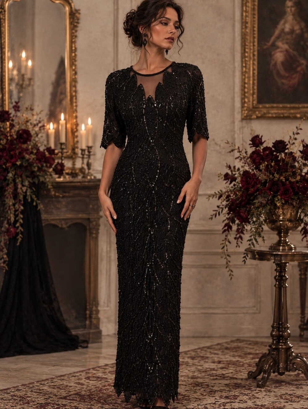 Vintage Stenay 90s Black Beaded Mesh Column Gown With Scallop Leaf Hem & Bodice